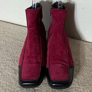 Vintage K Shoes Deep Red Suede Square Toe Ankle Boots Booties UK6